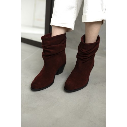 Козаки низькі призібрані, замша, колір Бордо 2