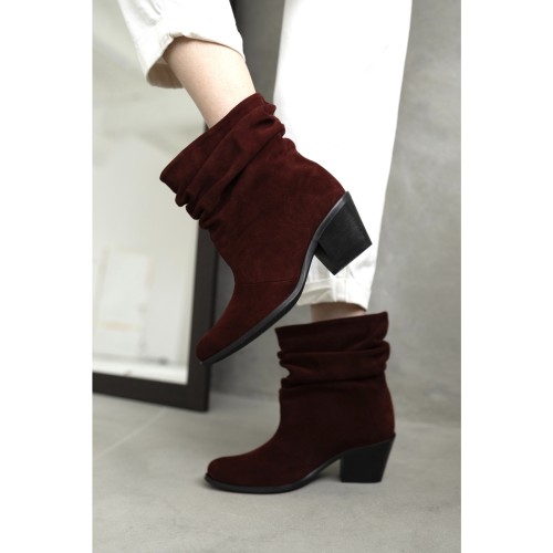 Козаки низькі призібрані, замша, колір Бордо 6